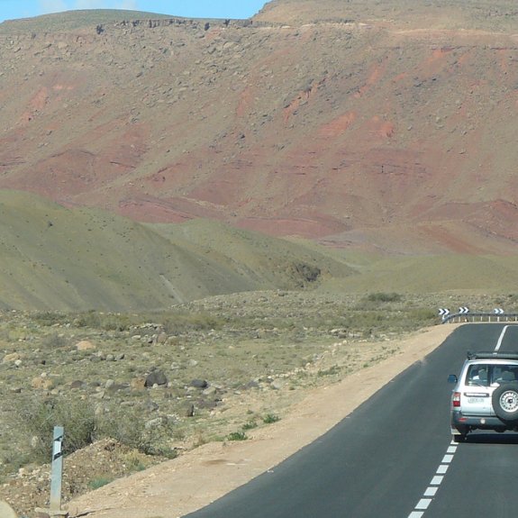Travelling through the High Atlas Mountains between Ouarzazate and Marrakech, Morocco.